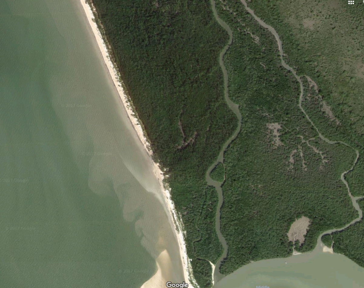 A satellite image of the northwest shore of Cape Sable before Hurricane Irma shows the narrow stretch of beach.