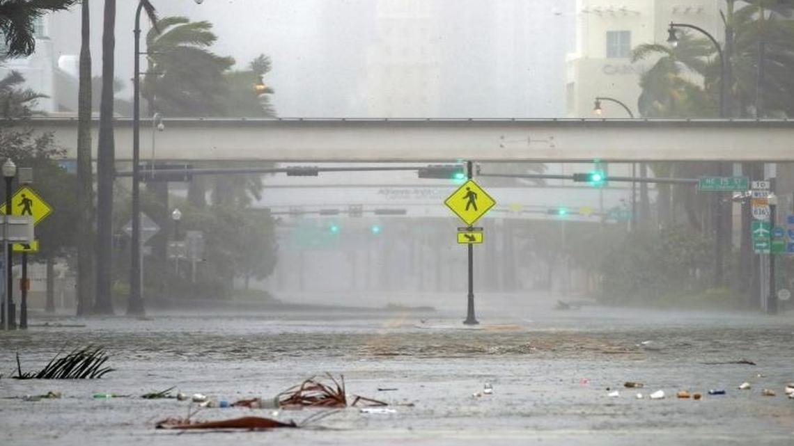 A flooded Biscayne Blvd and NE 17th Street during Hurricane Irma on Sunday, September 10, 2017.
