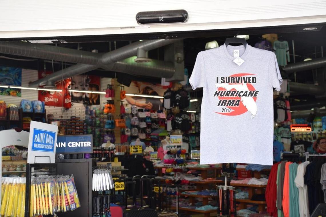 “I survived Hurricane Irma” shirt on sale at Alvin’s Island on the corner of Lincoln Road in Miami Beach Thursday.