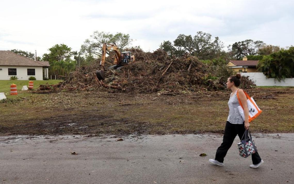 Natalie Jaramillo, who works at the Biscayne Park School, walks by a large pile of debris that the Village of Biscayne Park is collecting in an empty lot just south of the new village hall.