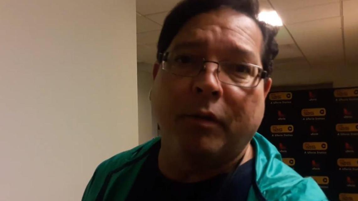 Rubén Sánchez, a host at Puerto Rico’s WKAQ-AM (580), speaks on a Facebook video after Hurricane Maria damaged his station’s studio.