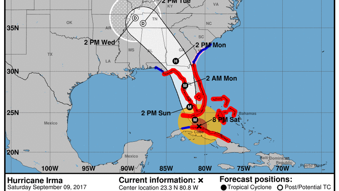 Hurricane Irma’s projected path as of 8 p.m. Saturday.