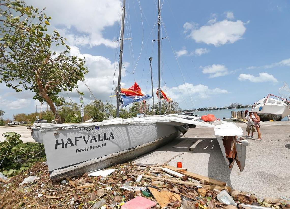 A sailboat washed ashore at Watson Island in Hurricane Irma’s aftermath on Monday, September 11, 2017, in Miami.