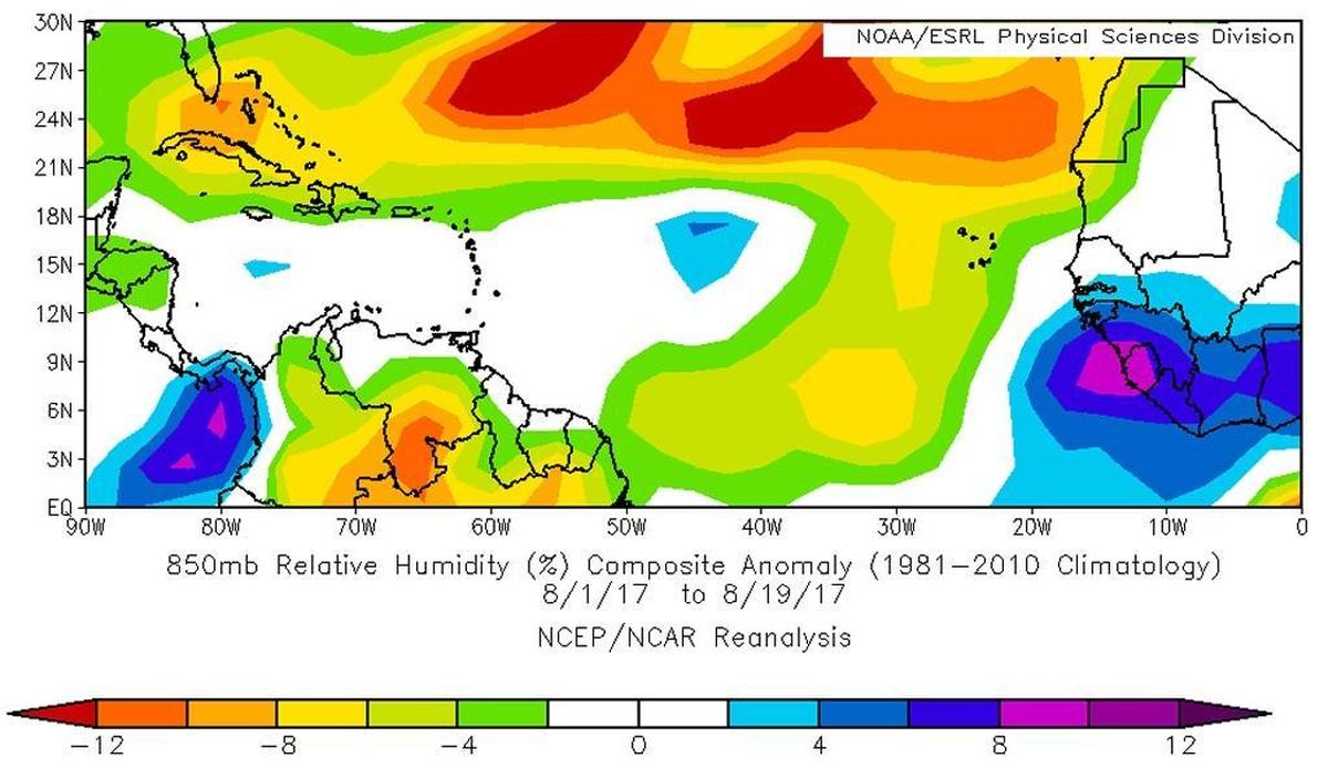 A National Oceanic and Atmospheric Administration map shows the westward flow of dry Saharah air that has so far helped keep tropical waves in check.