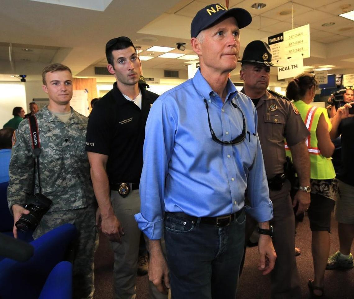 Florida Governor Rick Scot visits emergency operations staff at Monroe County Marathon Government Center on Wednesday, September 13, 2017.
