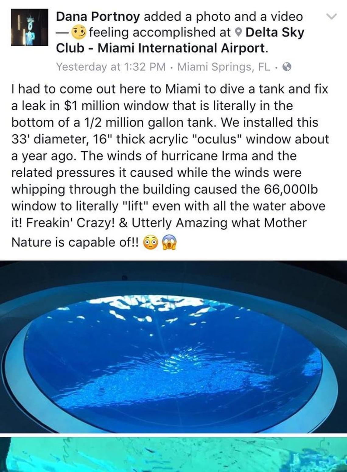 A screengrab of Dana Portnoy’s Sunday afternoon Facebook post in which he cited the power of Hurricane Irma’s winds on the Frost Science Museum’s tank. The image appears to be the museum’s Gulf Stream tank. A second post, about an hour later, reported that there was concern but that there are no problems with the tank.