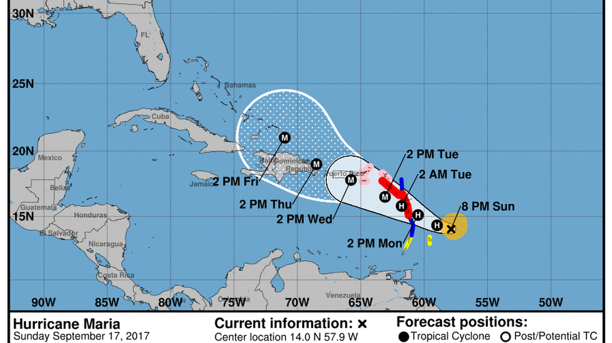 Hurricane Maria’s projected path as of 8 p.m. Sunday.