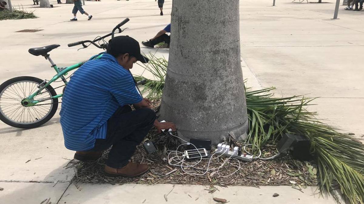 About 100 people stood outside Homestead city hall Monday afternoon to charge their phones at several outdoor electrical outlets post Hurricane Irma.