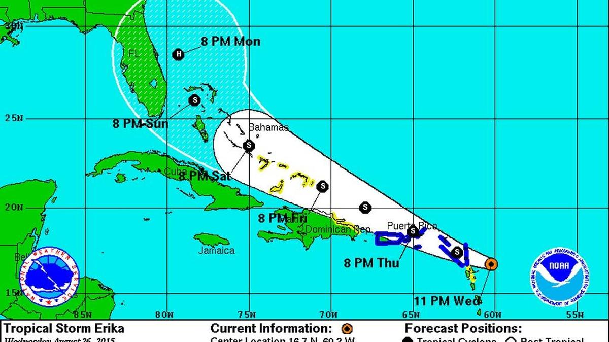 
Tropical Storm Erika’s projected path as of 11 p.m. Wednesday.
