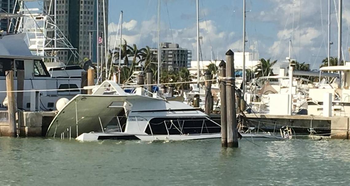 A sunken power boat at Miami’s Dinner Key Marina, which suffered extensive damage from Hurricane Irma.