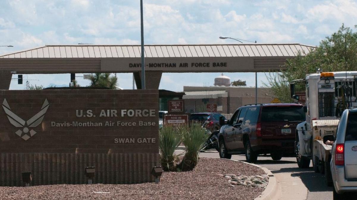 The entrance to Davis-Monthan Air Force Base in Tucson, Ariz., on , Sept. 16, 2011, after a report of a man with a gun prompted panic and reports that someone had been shot at the sprawling military facility. Traffic into and out of the base was limited because of the security situation, but no one was shot or hurt, according to the public affairs office at the base.