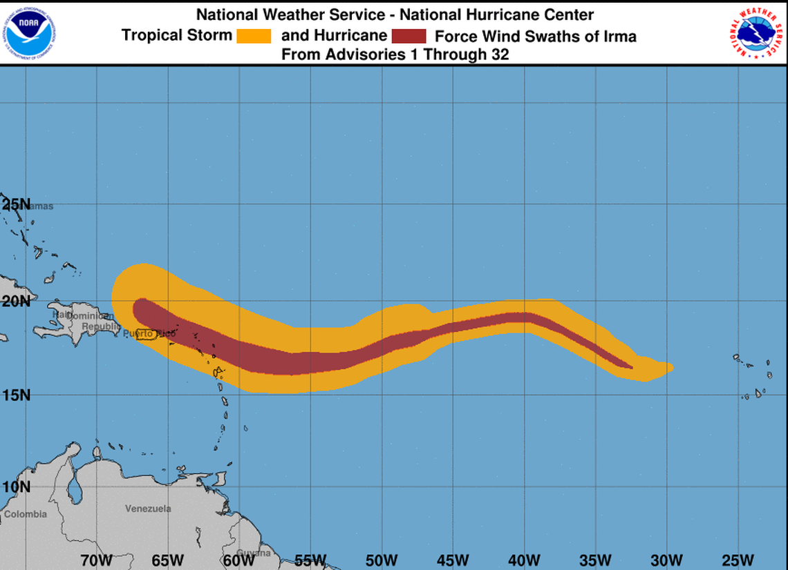 This map shows Hurricane Irma’s wind history as it carved a path of destruction through the Leeward Islands last week, battering the north coast of Puerto Rico with hurricane-force winds for nearly six hours Wednesday evening.