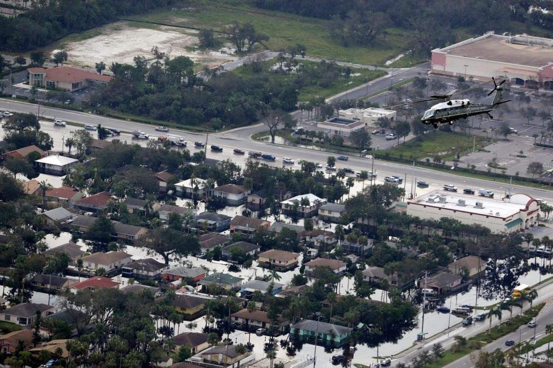 Marine One, with President Trump aboard, flies over areas hit by Hurricane Irma.