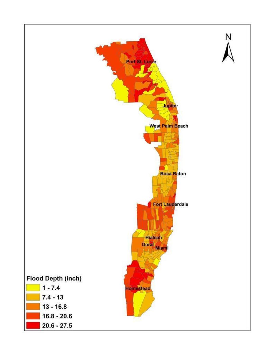 Engineer Omar Abdul-Aziz created a computer model to predict rainfall flooding in Florida. This map shows the depth and location of flooding in Southeast Florida after 30 inches of rainfall over 48 hours.