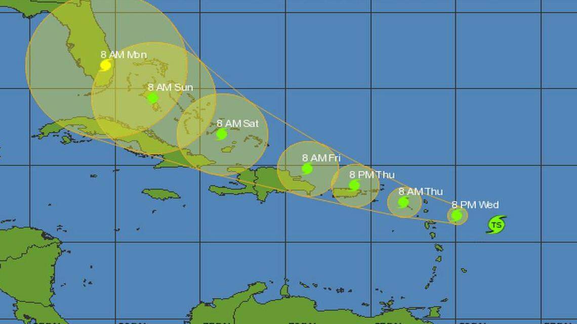 Projected path of Erika as of 11 a.m. Wednesday.