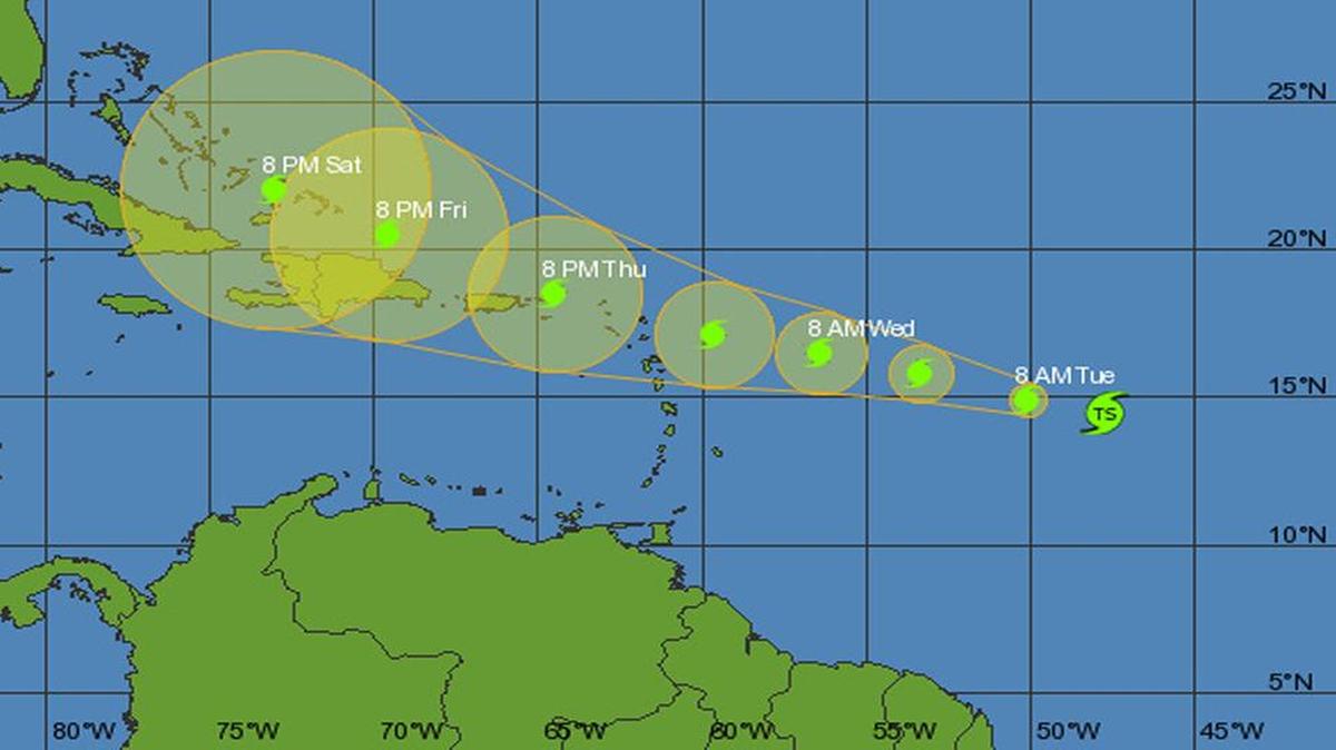 
Tropical Storm Erika’s projected path as of 11 p.m. Monday.
