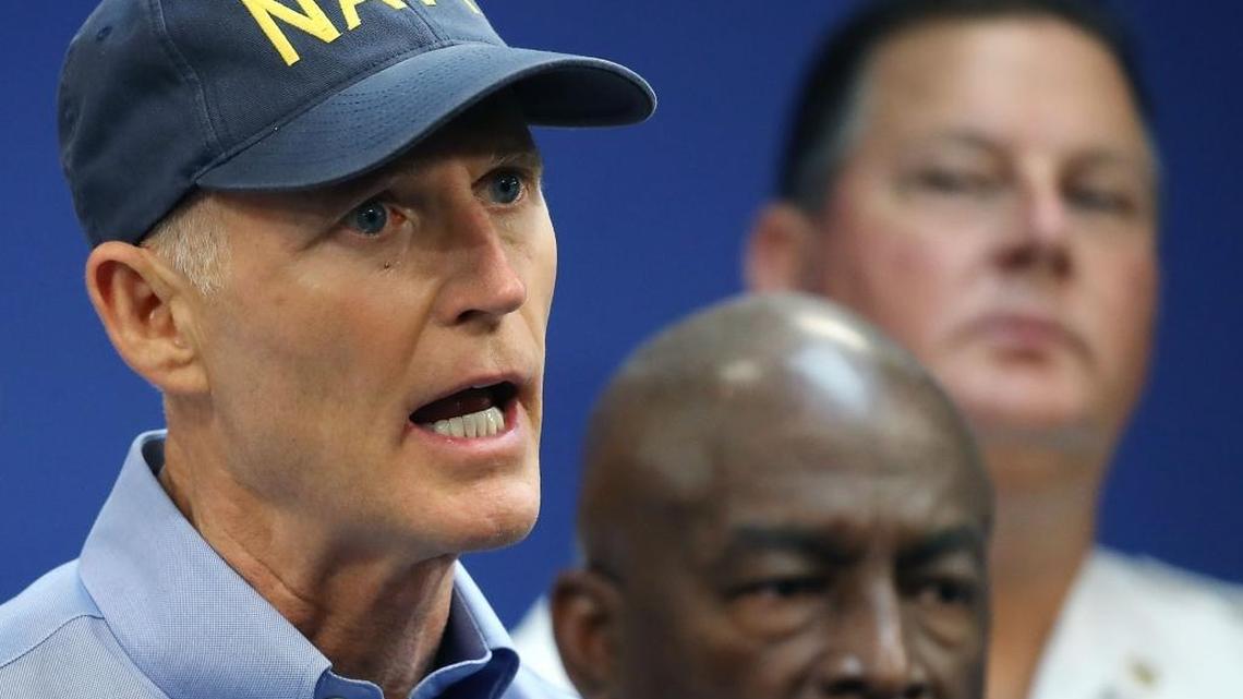 Gov. Rick Scott gives an update to the news media regarding Hurricane Irma in Doral.