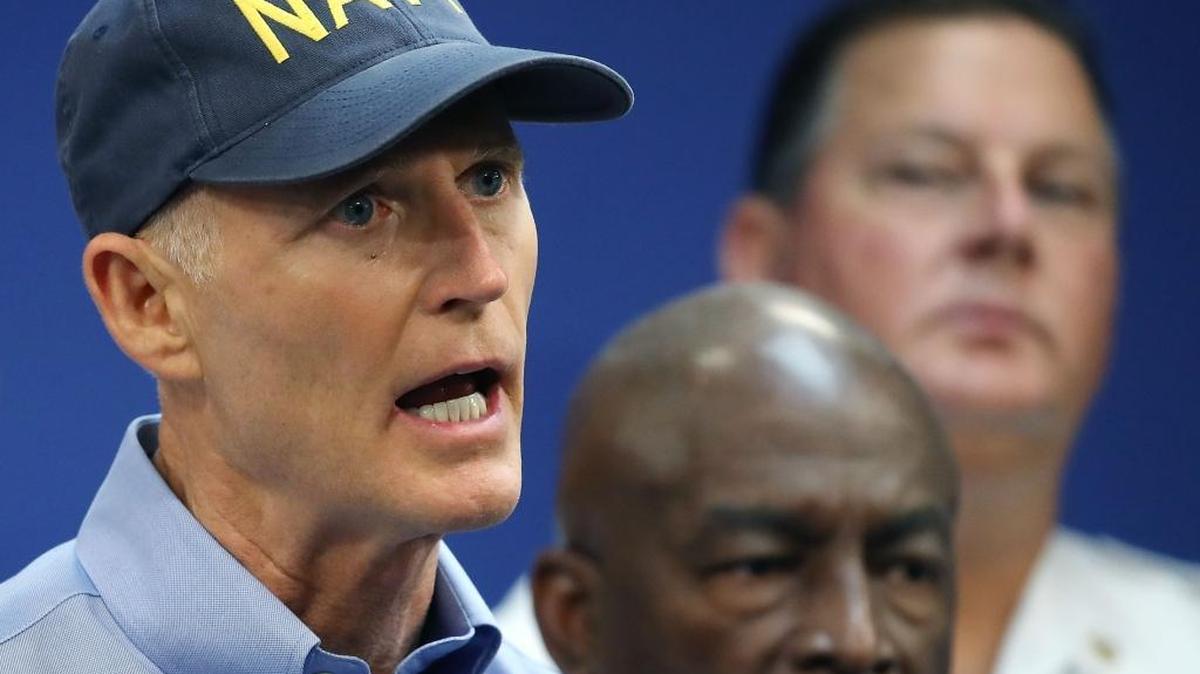 Gov. Rick Scott gives an update to the news media regarding Hurricane Irma in Doral.