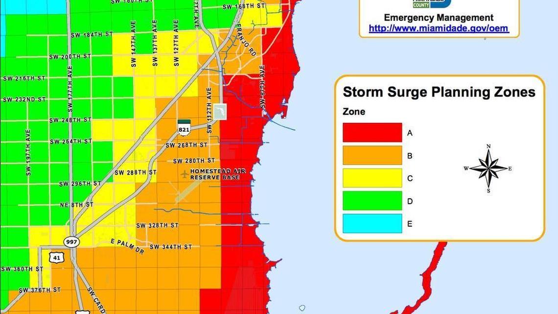 A map of the southernmost storm surge planning zones in Miami-Dade County.