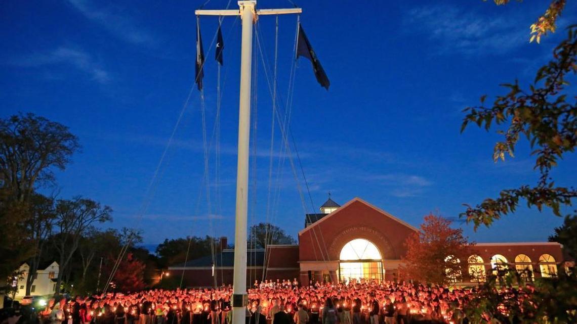 
A vigil of hope is held at Maine Maritime Academy for the missing crew members of the U.S. container ship El Faro, Tuesday evening, Oct. 6, 2015, in Castine, Maine. The Coast Guard has concluded the vessel sank near the Bahamas during Hurricane Joaquin. Four graduates of Maine Maritime Academy are missing. They are Capt. Michael Davidson of Windham, Maine, Michael Holland, 25, of Wilton, Maine, Danielle Randolph, 34, of Rockland, Maine and Dylan Meklin, also of Rockland. 
