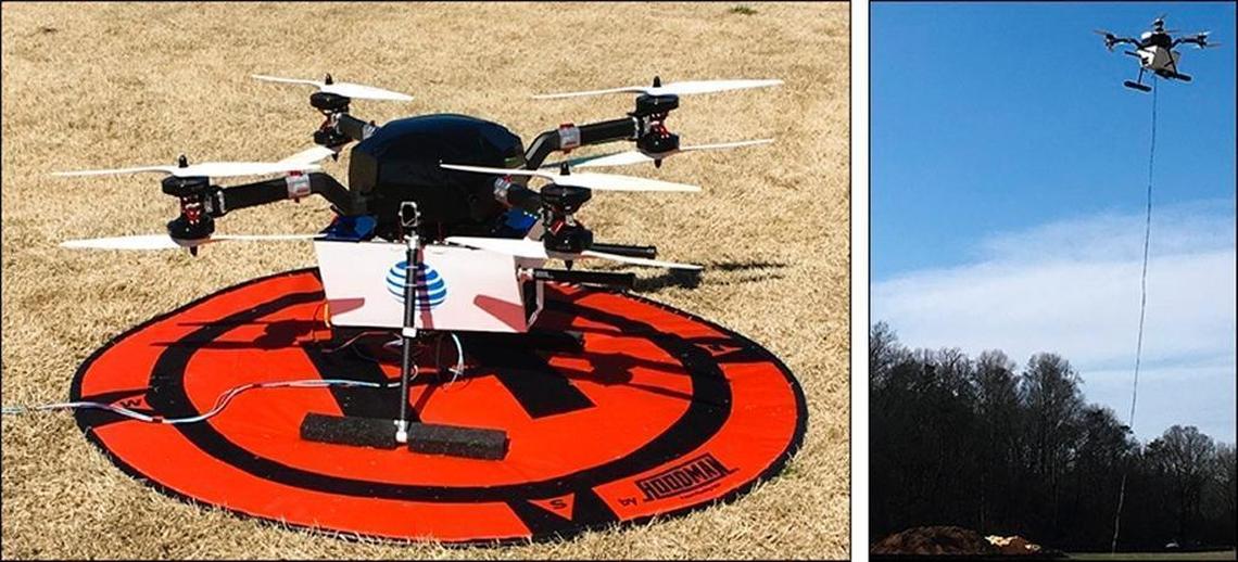 A Flying COW can provide 4G LTE coverage from a drone. The drone carries a pico cell or radio head, with antennas, and is connected to the ground by a tether. The tether provides a data connection and power to the drone and pico cell. Tethers are very thin (about the width of a headphone cable) and are easily transported and linked up to a flying COW.