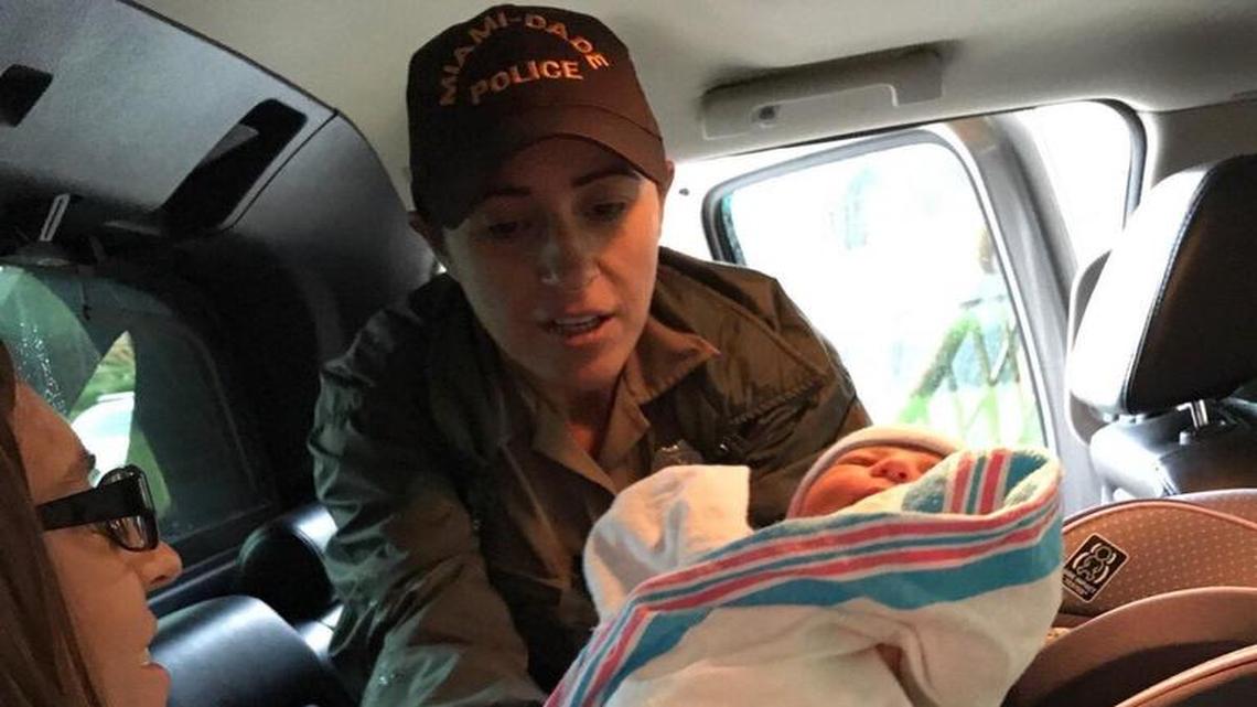 Miami-Dade police officers helped a Key West Hurricane Irma evacuee from the hospital to her hotel with her newly delivered baby on Saturday morning.