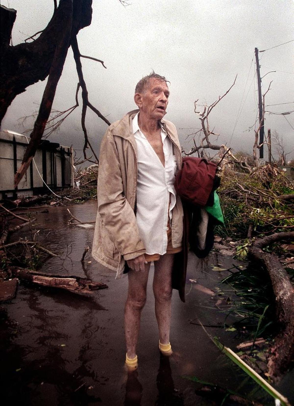 Harold "Tex" Keith, surveys his devastated trailer park home at ground zero of Hurricane Andrew’s impact in Florida City on Aug. 24, 1992.