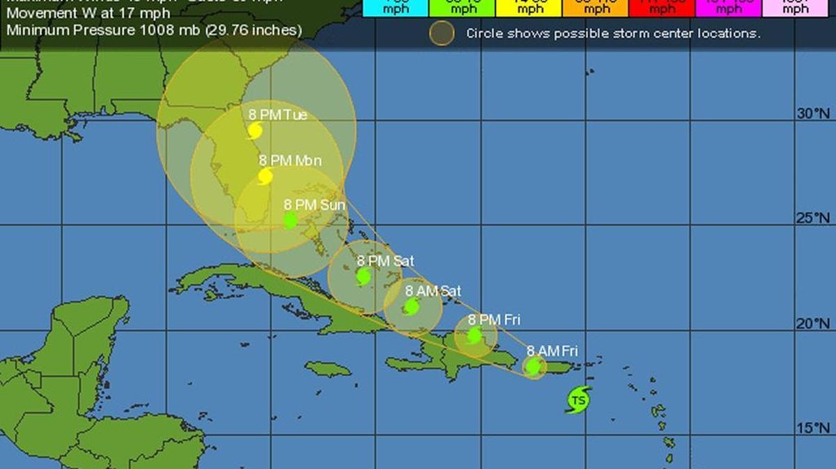 
Tropical Storm Erika’s projected path as of 11 p.m. Thursday.
