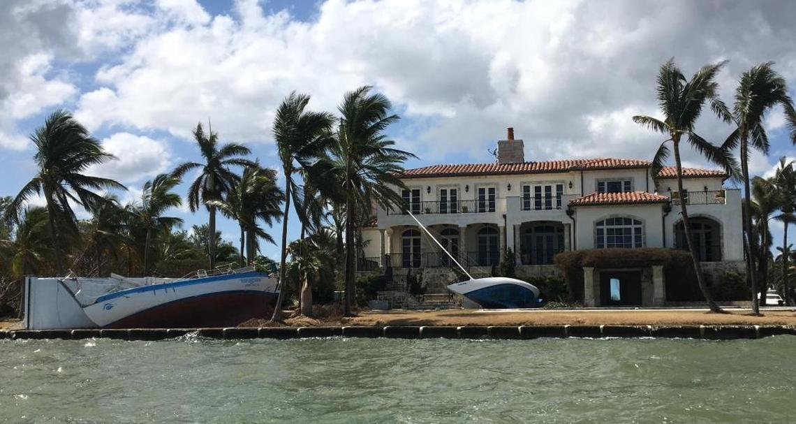 Hurricane Irma sent two sailboats onto the backyard of this mansion on the Biscayne Bay waterfront between Coconut Grove and Coral Gables.