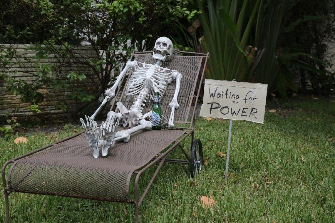 Miami Shores residents Erin McNaughton and Harald Oechsner had been without power since Hurrican Irma and felt forgotten by FPL but were still trying to keep their sense of humor. The couple put a skeleton in a lawn chair and placed it on their lawn along NE 12th Ave and NE 97th St, with a sign next to it saying, "waiting for power."