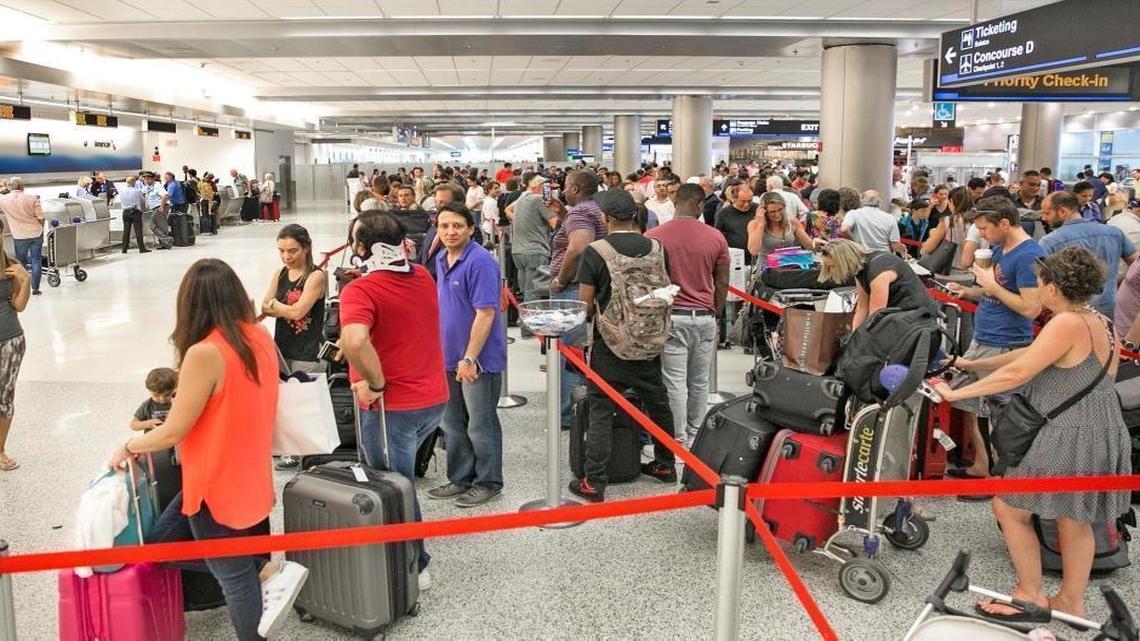Thousands of travelers pack Miami International Airport as they wait in line to leave Miami ahead of Hurricane Irma on Thursday, September 7, 2017.