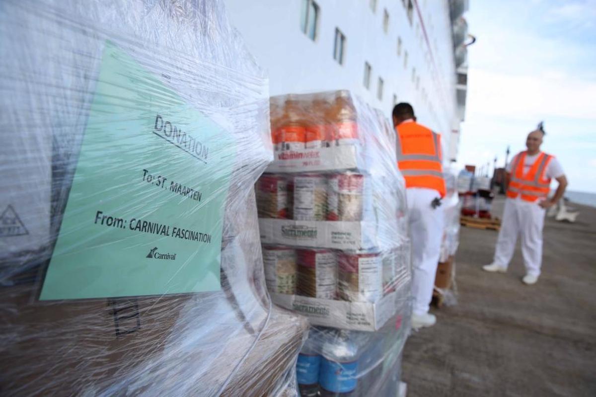 Carnival Fascination delivered pallets of supplies, including water, canned food and other items, during a port call in St. Kitts for transfer to St. Maarten following Hurricane Irma.
