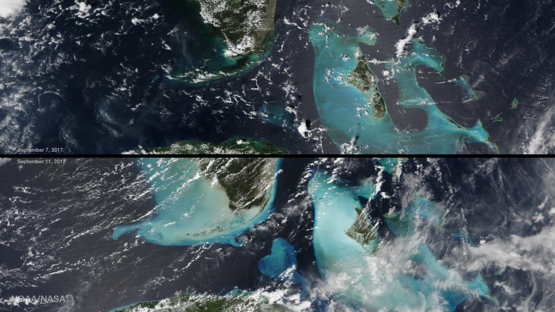 This before and after satellite imagery shot by the National Oceanic and Atmospheric Administration shows how Hurricane Irma’s powerful winds and waves churned up sediment off the coasts of the Bahamas and South Florida.