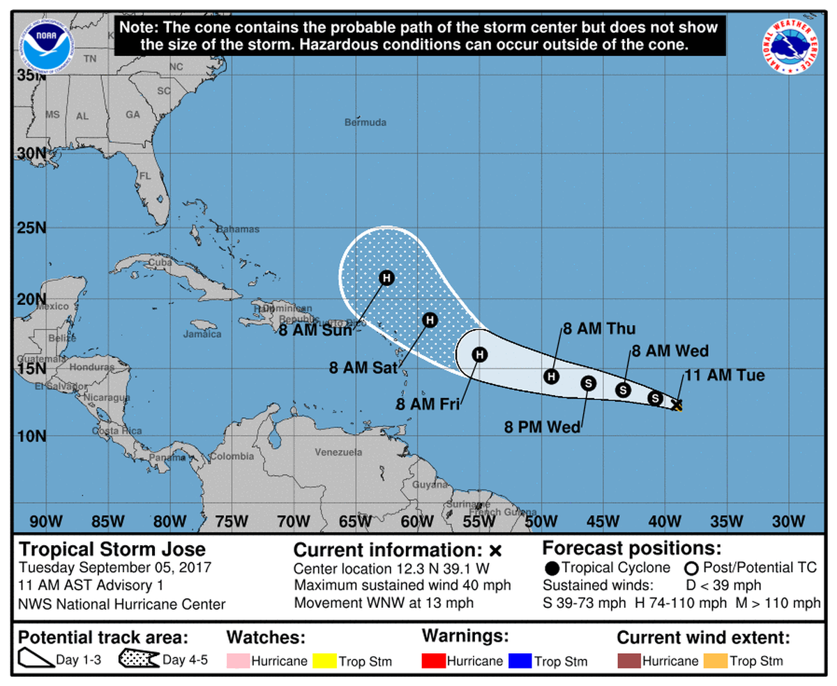 Forecasters say Tropical Storm Jose could become a hurricane by Friday.