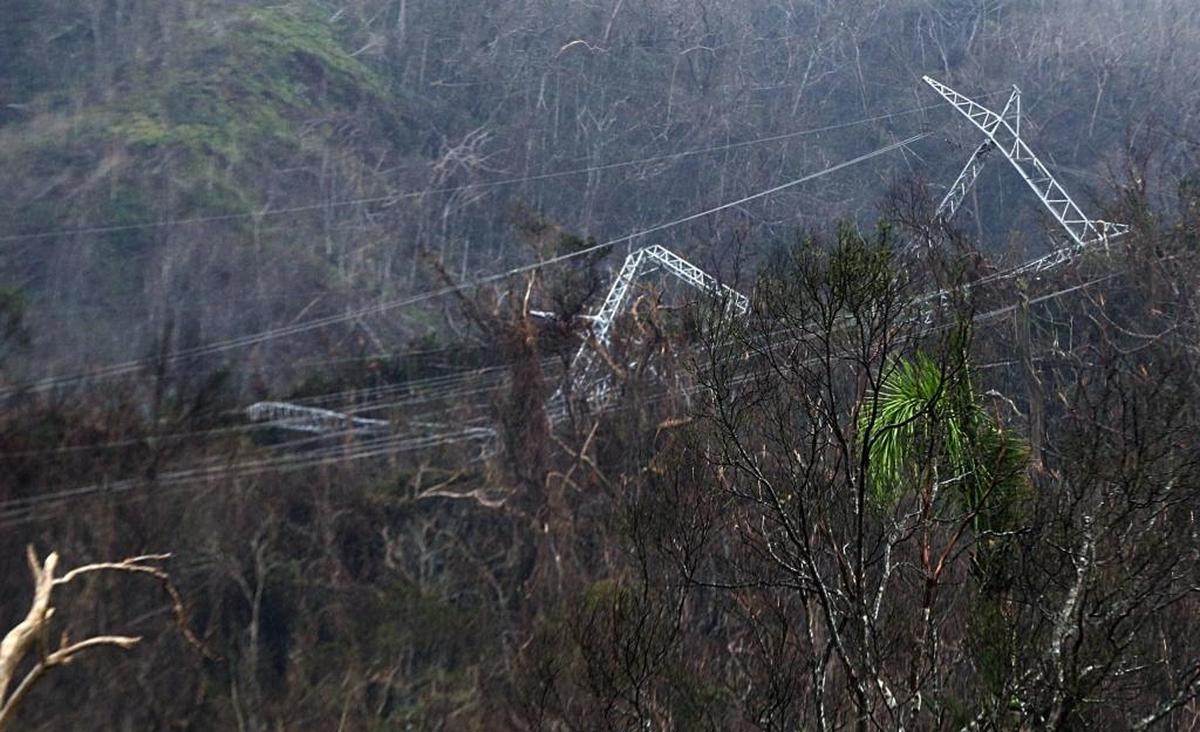 View of power lines towers in the mountains of Aguas Buenas knocked down by Hurricane Maria