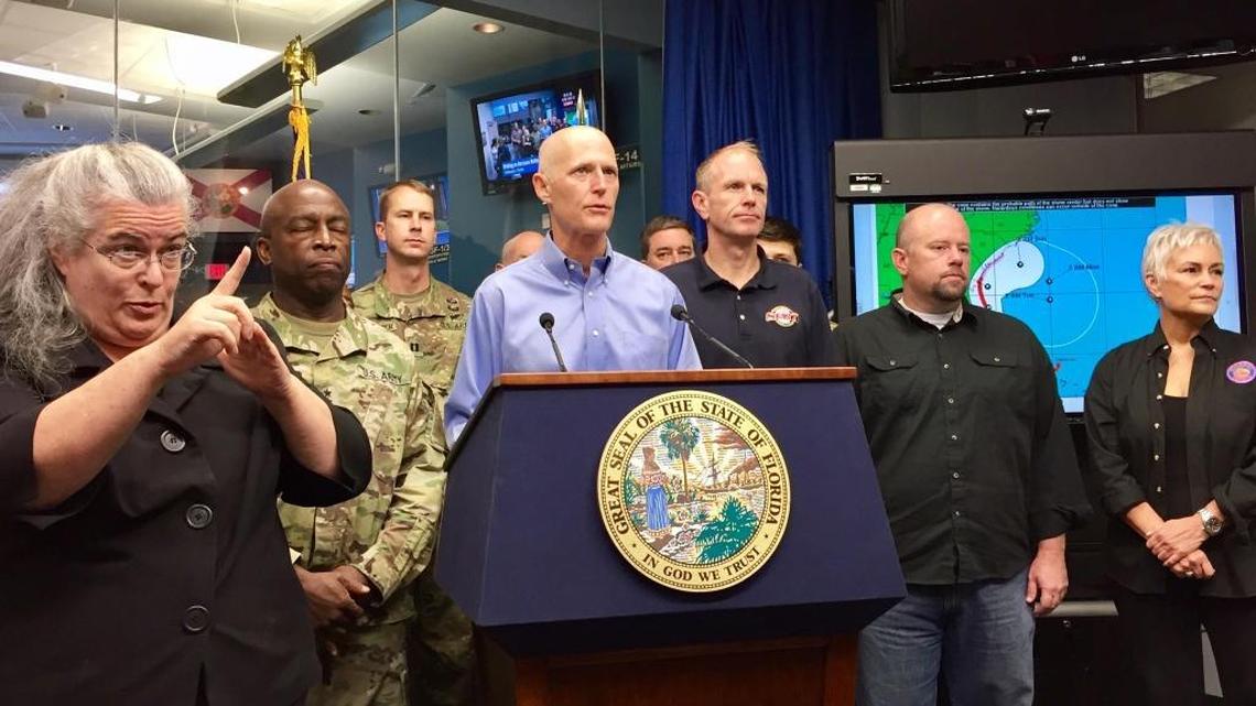 Florida Gov. Rick Scott provides an update on Hurricane Matthew during a morning briefing on Thursday, Oct. 6, 2016 at the state Emergency Operations Center in Tallahassee.