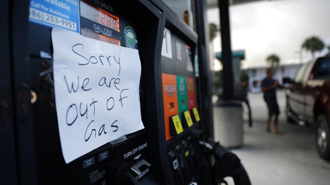 A note is posted to a gas pump after the station ran out of gas ahead of Hurricane Irma in Daytona Beach, Fla., Friday, Sept. 8, 2017.