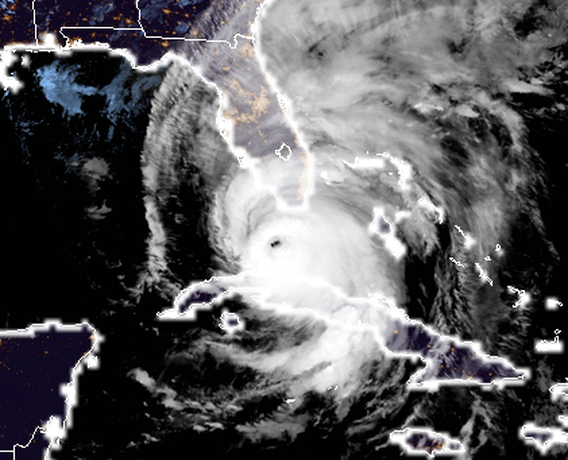 An image from the GOES-16 satellite about 3:45 a.m. Sunday shows Irma approaching the Lower Keys.