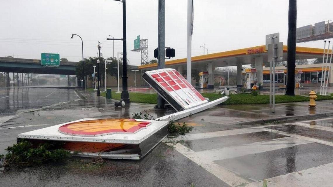 Hurricane Irma toppled a Shell gas station sign on the corner of NW 36th Street and Biscayne Boulevard in downtown Miami.