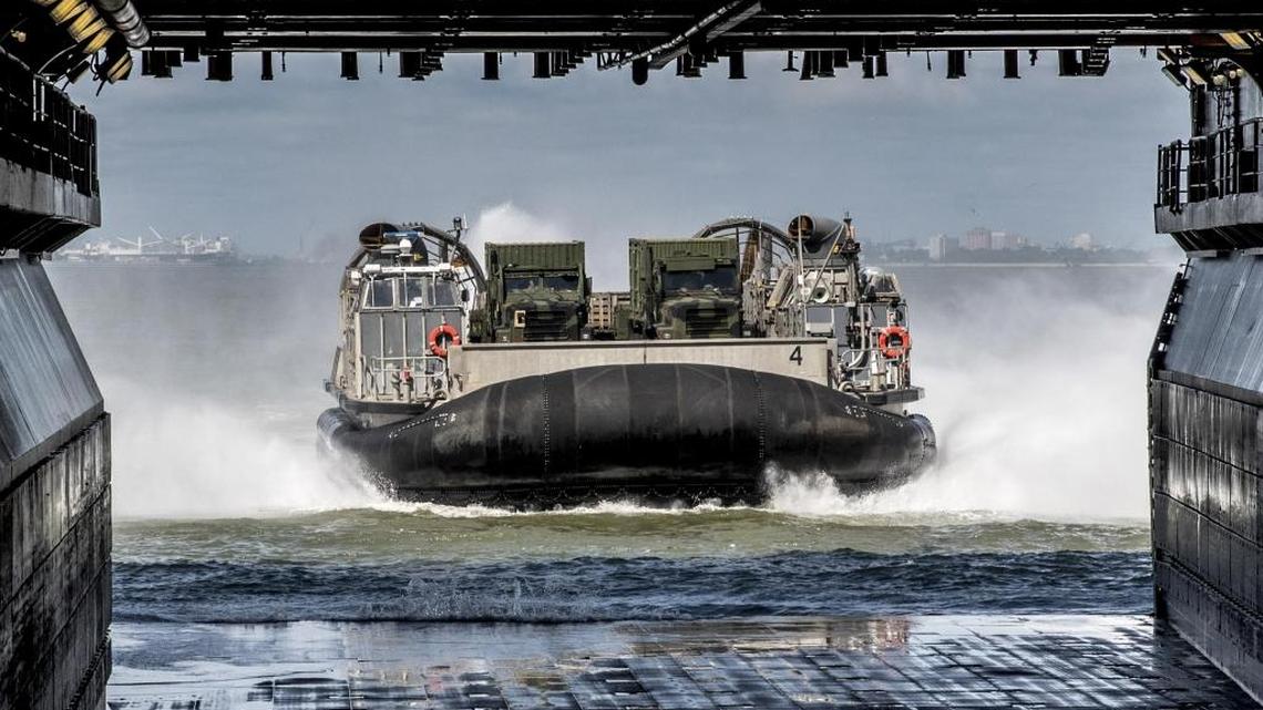 This Pentagon handout photo shows a Navy air-cushioned landing craft entering the well deck of the USS Kearsarge in Norfolk, Va., on Aug. 30, 2017, as it was readied to assist with disaster relief efforts in Harvey’s aftermath. Tuesday, the Department of Defense said that instead of Harvey, the amphibious assault ship would be on standby to provide assistance to FEMA in the aftermath of Hurricane Irma.