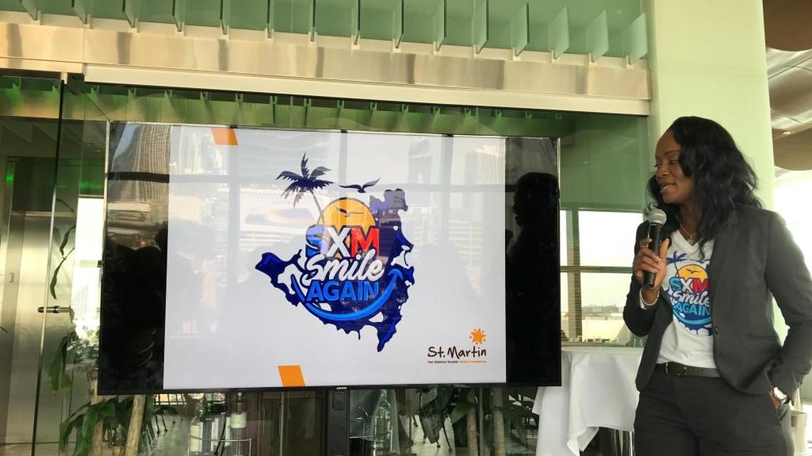 Valerie Damaseau, president of the Saint-Martin Office de Tourisme, in Miami pitching the island’s tourism comeback four months after Hurricane Irma wreaked havoc.