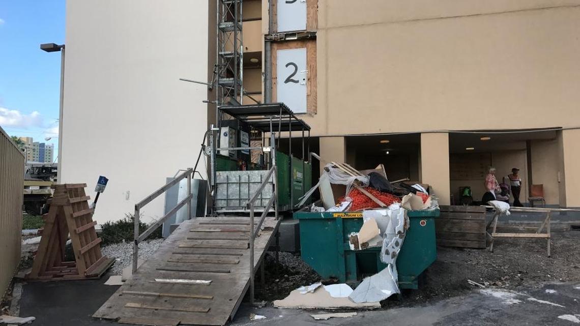 The Civic Towers Section 8 housing project in Allapattah on Monday, Sept. 11, 2017. About a dozen elderly residents who live there were stranded Monday after they returned from the shelter they were staying in through Hurricane Irma. They had been told they could return to their home, but when they got there they were not allowed in as the building had to be inspected after the storm by the city of Miami. The residents had nowhere to go and planned to sleep outside at the site on Monday night.