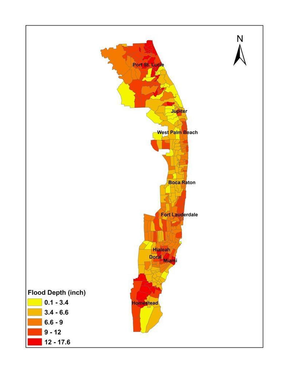 This map, created by engineer Omar Abdul-Aziz based on a computer model he developed to predict flooding from rainfall, depicts how high flood waters would rise if 20 inches of rain fell in South Florida over 48 hours.