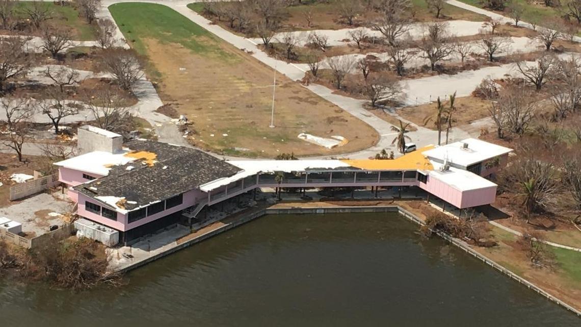 Aerial image of damage to the Flamingo Visitor Center after Hurricane Irma.