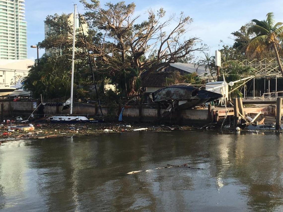 Boats are heavily damaged near Dinner Key Marina.