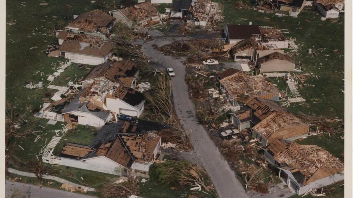 An aerial view of Hurricane Andrew destruction at Country Walk after Hurricane Andrew in 1992.