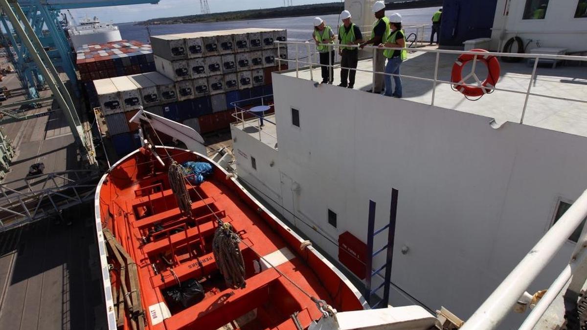 A lifeboat aboard the El Faro’s sister ship, the El Yunque, is similar to those used on the El Faro. Coast Guard searchers found one of the El Faro’s destroyed lifeboats during a six-day search.