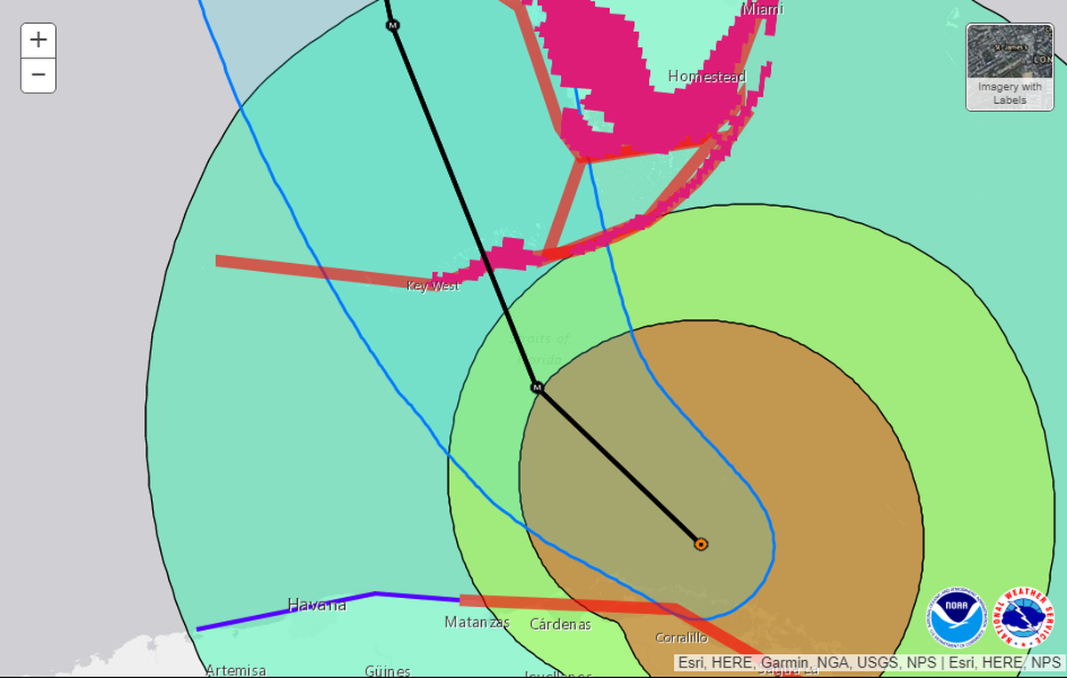 A close-up look at the 5 p.m. forecast track shows Irma crossing south of the 7-Mile bridge.