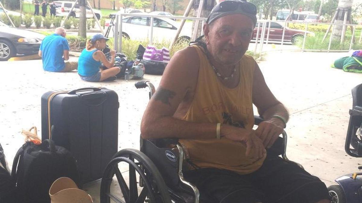 Gregory Lane Kniseley, a 65-year-old amputee who lives in a trailer in Marathon, is one of the Irma evacuees being sheltered at a parking garage on the main campus of Florida International University.