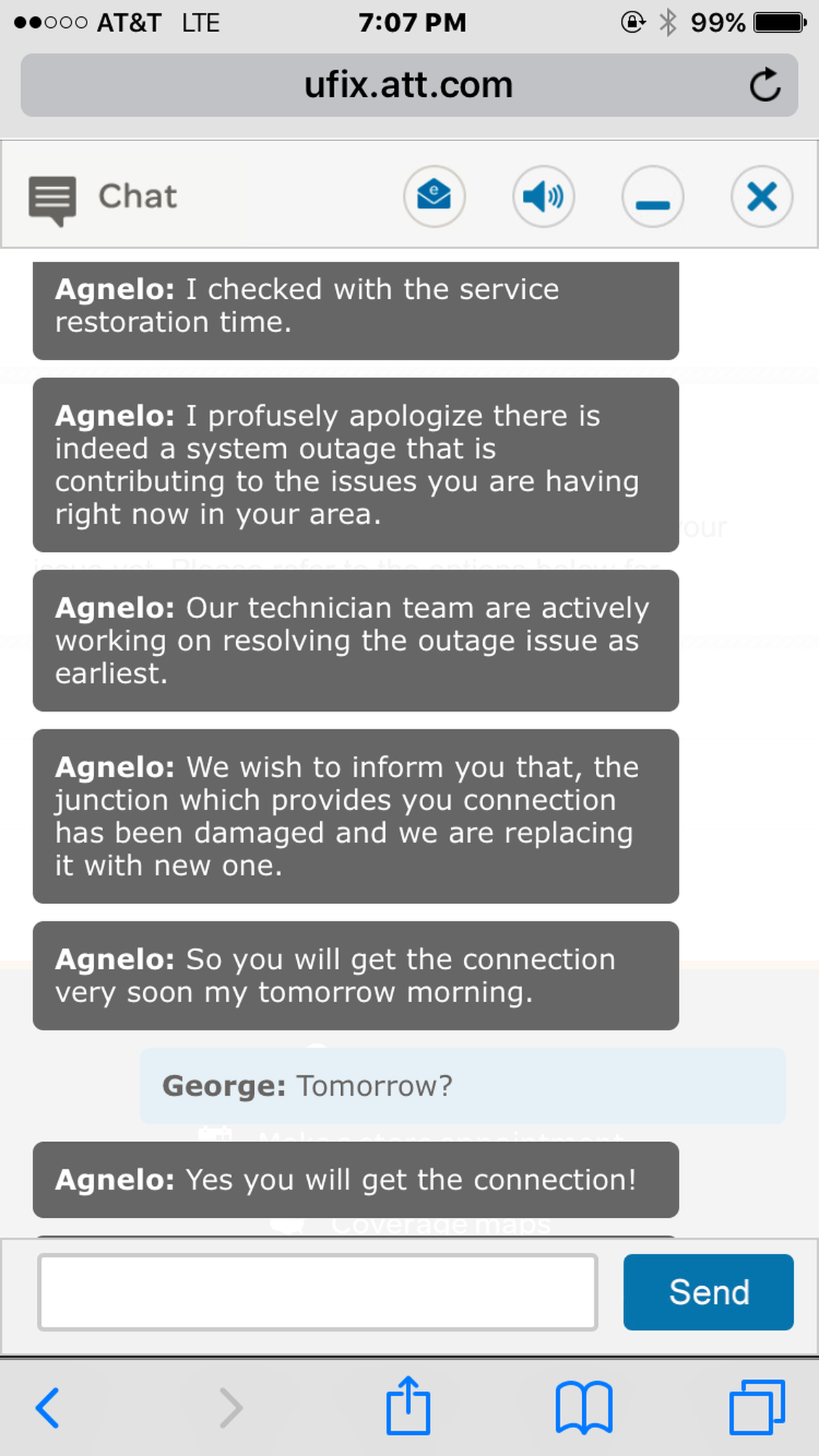 AT&T customer George Buckhold sent this text chat with AT&T about his U-verse outage on Wednesday. Two days later, on Friday, still no service, he said. He lost it when Hurricane Irma sideswiped Miami Sept. 9-10.